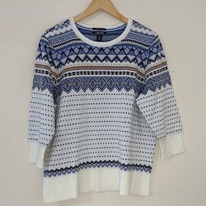Lands’ End Fair Isle Sweater 1X Blue White Nordic Supima Cotton 3/4 Sleeve Cozy